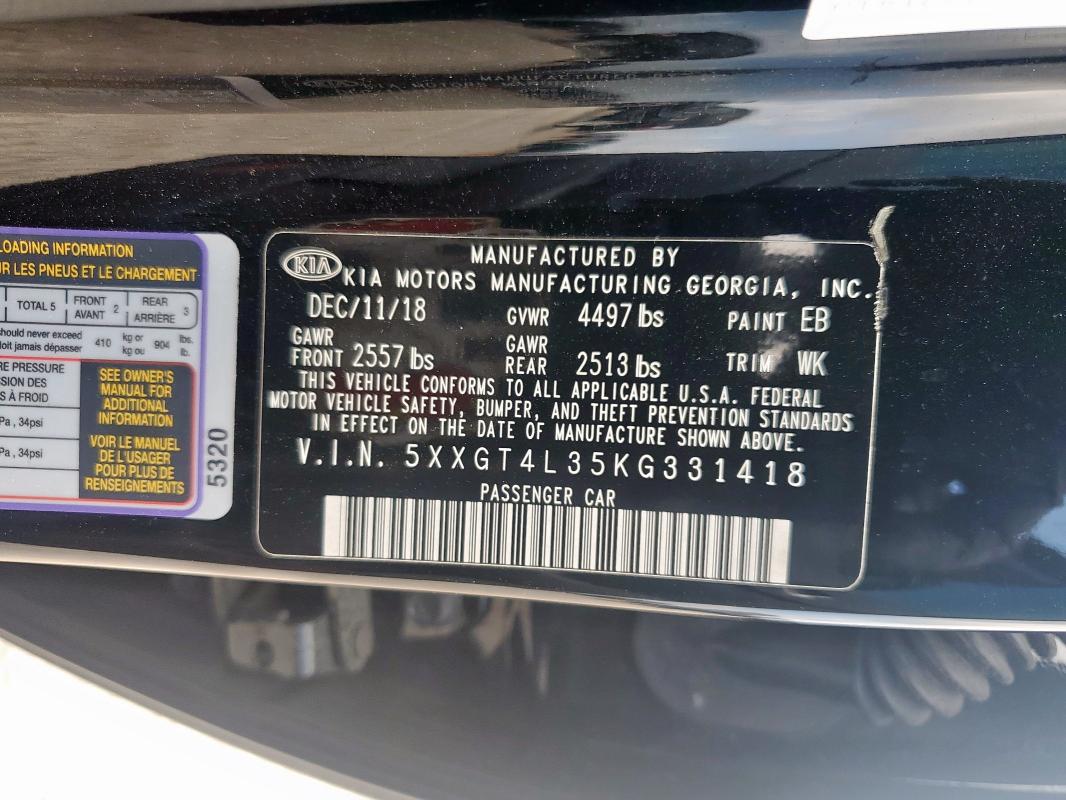 5XXGT4L35KG331418 - 2019 KIA OPTIMA LX 黑色 照片 12