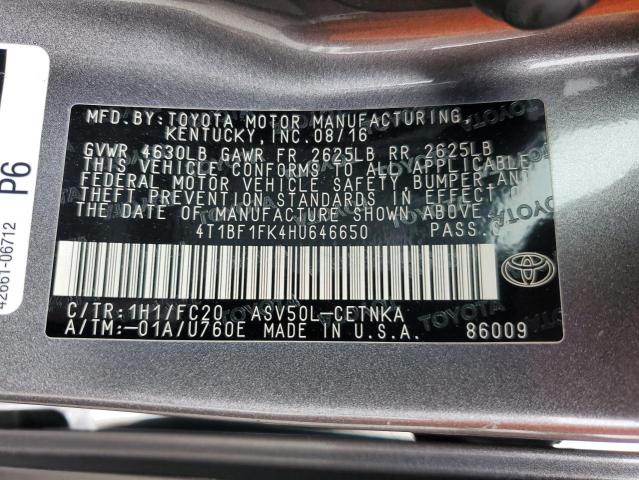 4T1BF1FK4HU646650 - 2017 TOYOTA CAMRY LE CHARCOAL photo 12