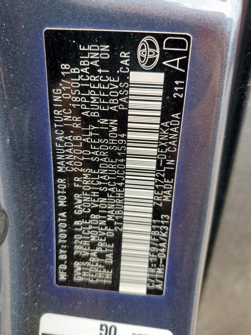 2T1BURHE4JC041594 - 2018 TOYOTA COROLLA L 蓝色 照片 12