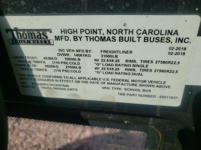 4UZABRFC7KCKD7548 - 2019 FREIGHTLINER CHASSIS B2B ყვითელი ფოტო 10