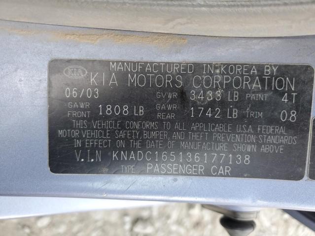 KNADC165136177138 - 2003 KIA RIO CINCO BLUE photo 10