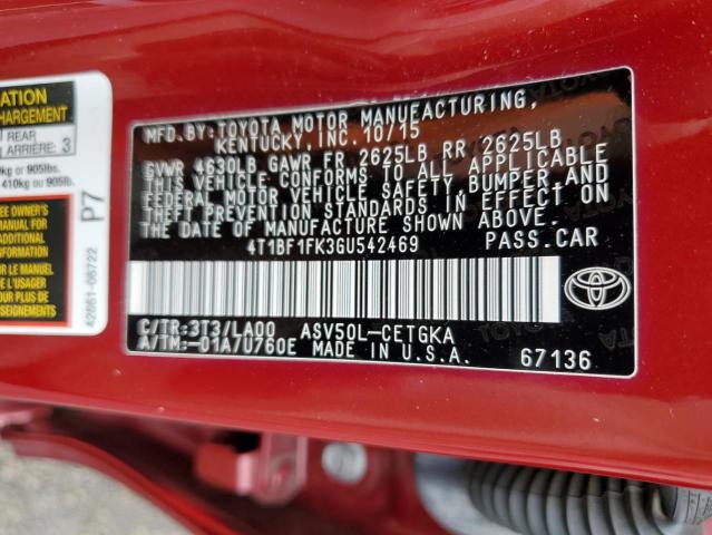 4T1BF1FK3GU542469 - 2016 TOYOTA CAMRY LE RED photo 13