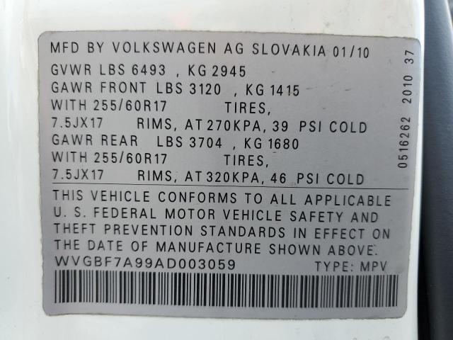 WVGBF7A99AD003059 - 2010 VOLKSWAGEN TOUAREG V6 WHITE photo 13