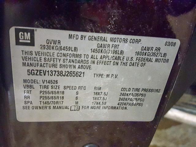 5GZEV13738J265621 - 2008 SATURN OUTLOOK XE  photo 10