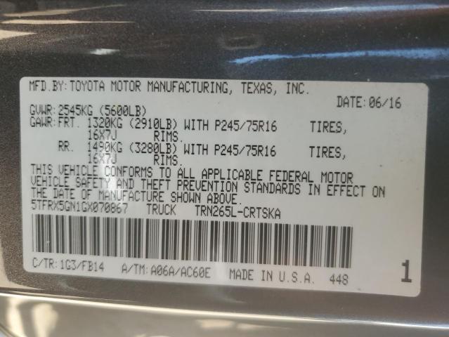 5TFRX5GN1GX070867 - 2016 TOYOTA TACOMA ACCESS CAB გრაფიტი ფოტო 12