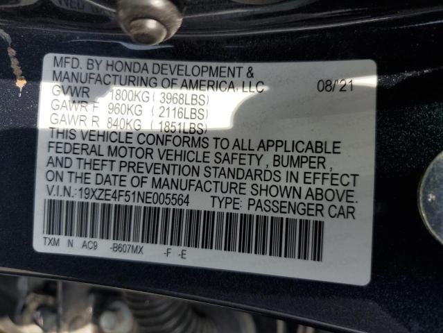 19XZE4F51NE005564 - 2022 HONDA INSIGHT EX BLUE photo 12