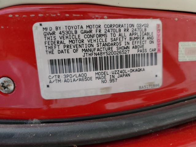 JTHFN48Y520026527 - 2002 LEXUS SC 430 RED photo 12