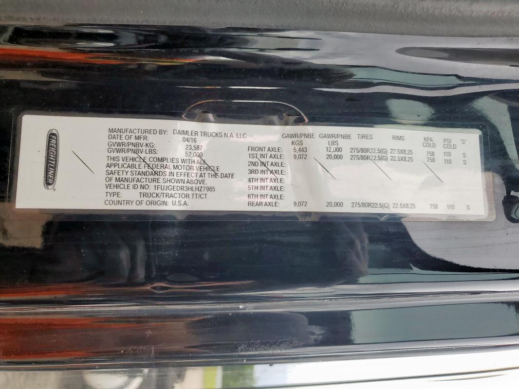 1FUJGEDR3HLHZ7985 - 2017 FREIGHTLINER CASCADIA 1 BLACK photo 10