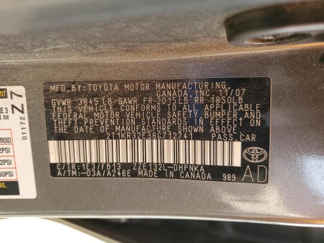 2T1KR32E38C712741 - 2008 TOYOTA COROLLA MA XR GRAY photo 12