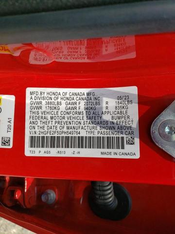 2HGFE2F50PH549764 - 2023 HONDA CIVIC SPORT წითელი ფოტო 12