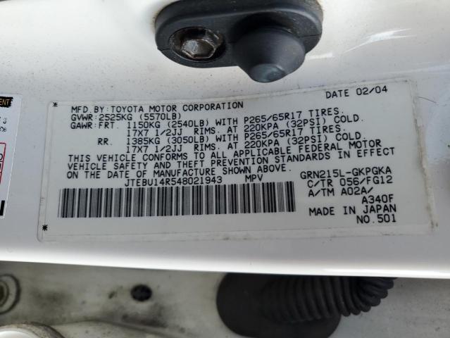 JTEBU14R548021943 - 2004 TOYOTA 4RUNNER SR5 WHITE photo 12