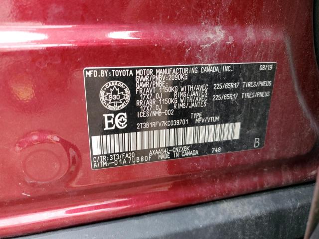 2T3B1RFV7KC039701 - 2019 TOYOTA RAV4 LE RED photo 12