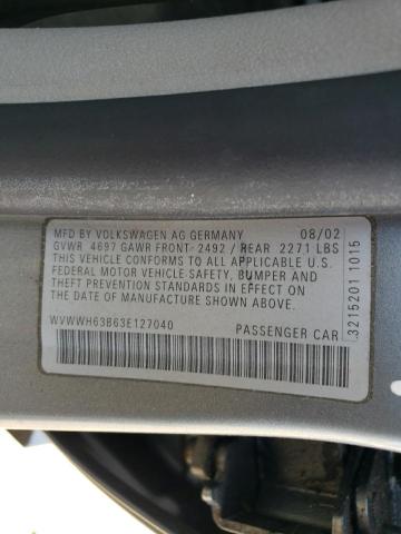 WVWWH63B63E127040 - 2003 VOLKSWAGEN PASSAT GLX GRAY photo 12