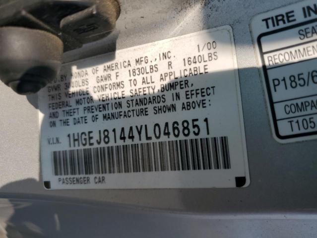 1HGEJ8144YL046851 - 2000 HONDA CIVIC EX SILVER photo 12