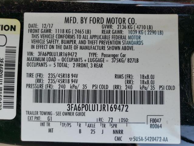 3FA6P0LU1JR169472 - 2018 FORD FUSION SE HYBRID BLACK photo 12