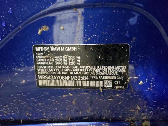 WBS43AY08NFM30584 - 2022 BMW M3 COMPETITION BLUE photo 12