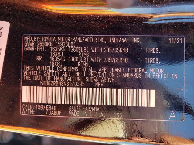 5TDGZRBH8NS170395 - 2022 TOYOTA HIGHLANDER XLE GRAY photo 10