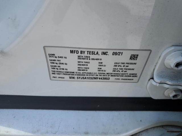 5YJSA1E52MF443953 - 2021 TESLA MODEL S WHITE photo 12