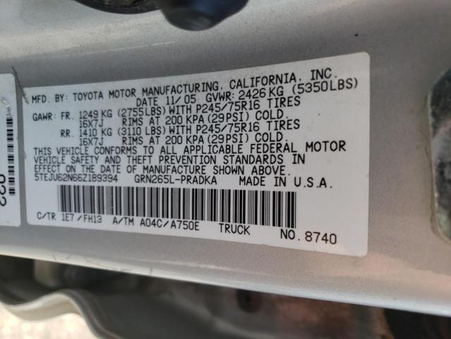 5TEJU62N66Z189394 - 2006 TOYOTA TACOMA DOUBLE CAB PRERUNNER SILVER photo 13