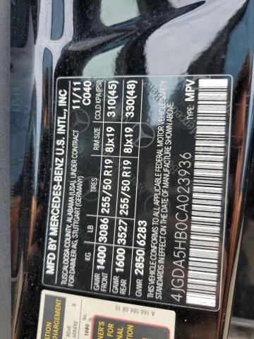 4JGDA5HB0CA023936 - 2012 MERCEDES-BENZ ML 350 4MATIC BLACK photo 12