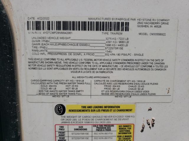 4YDTCMP28NM942961 - 2022 COLE LIGHT WHITE photo 10