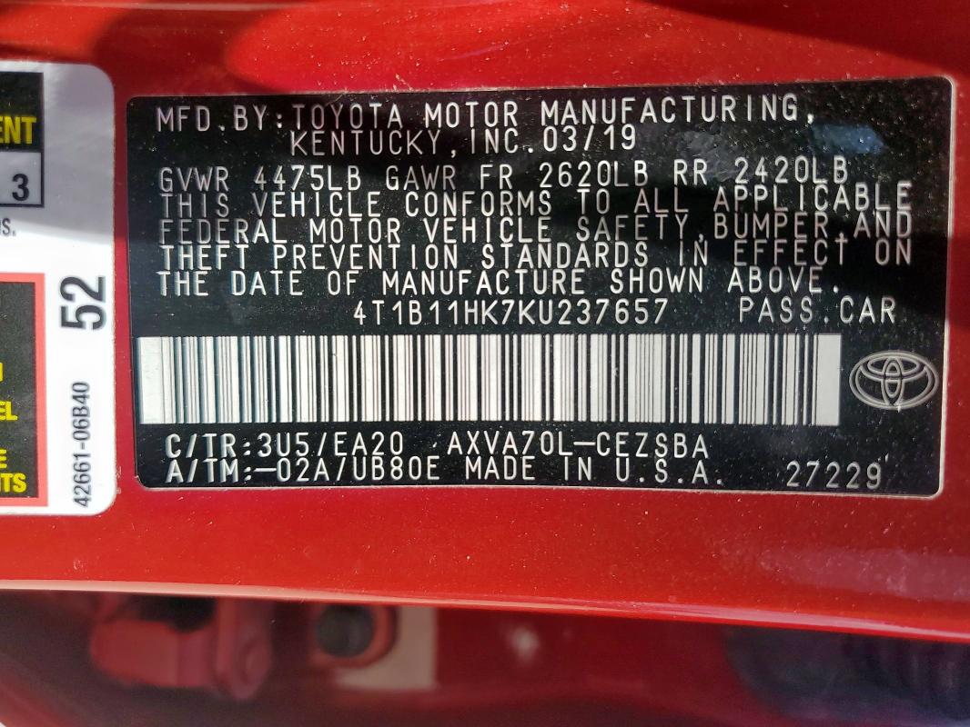 4T1B11HK7KU237657 - 2019 TOYOTA CAMRY L Қызыл фото 13