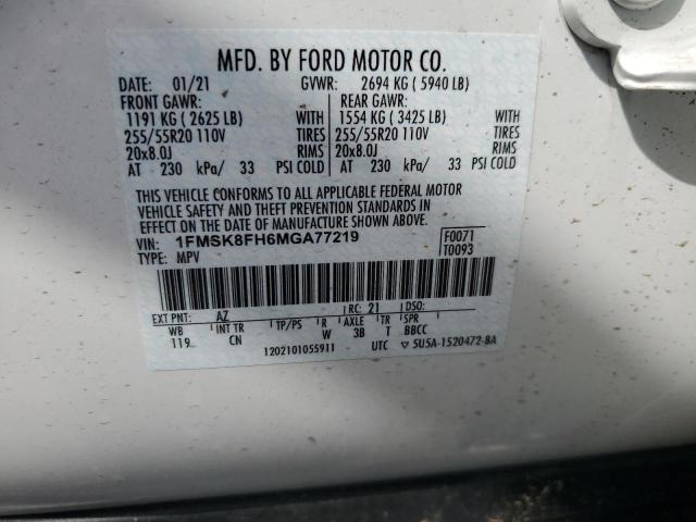 1FMSK8FH6MGA77219 - 2021 FORD EXPLORER LIMITED თეთრი ფოტო 13