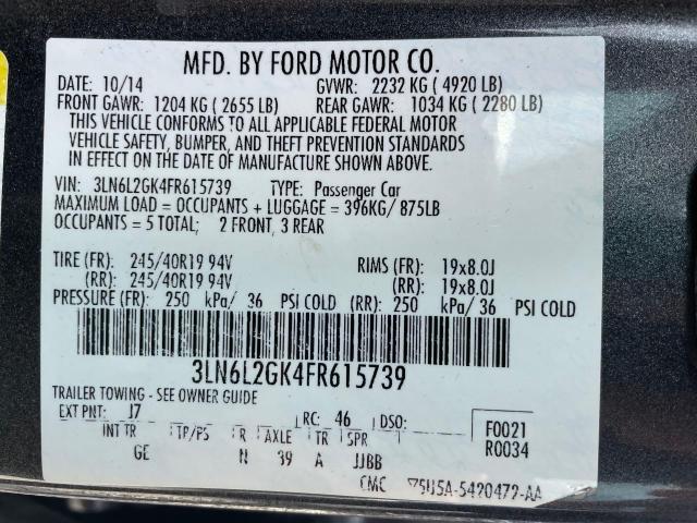 3LN6L2GK4FR615739 - 2015 LINCOLN MKZ GRAY photo 10