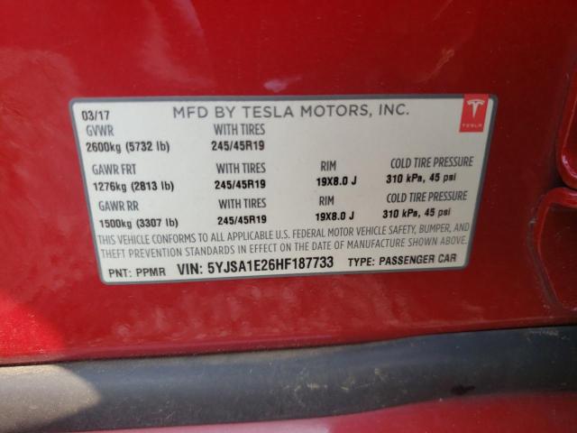5YJSA1E26HF187733 - 2017 TESLA MODEL S Կարմիր լուսանկար 12