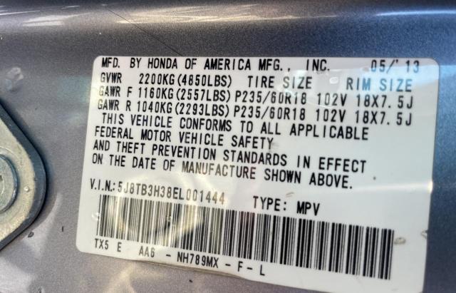 5J8TB3H38EL001444 - 2014 ACURA RDX GRAY photo 10