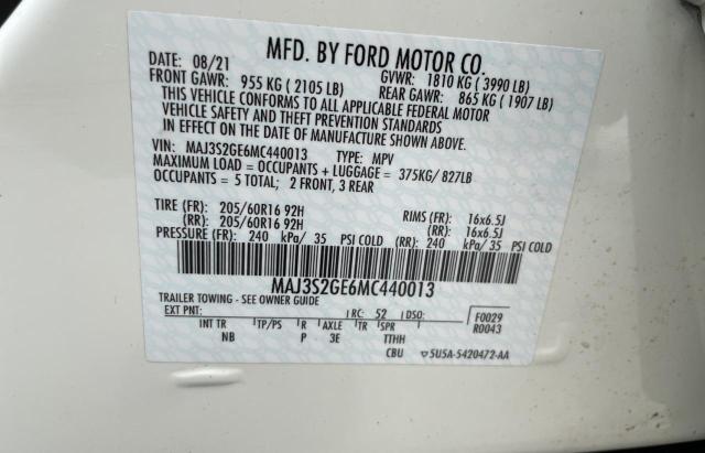 MAJ3S2GE6MC440013 - 2021 FORD ECOSPORT SE WHITE photo 10