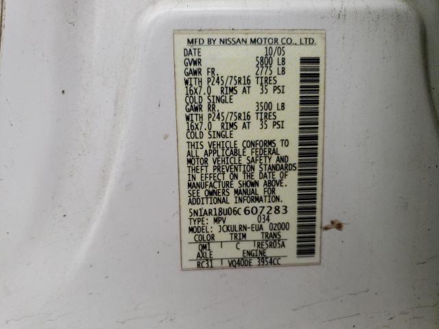 5N1AR18U06C607283 - 2006 NISSAN PATHFINDER LE WHITE photo 13