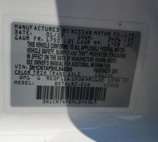 3N1CN7AP8HL844369 - 2017 NISSAN VERSA S WHITE photo 12