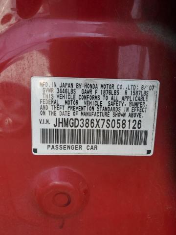 JHMGD386X7S058126 - 2007 HONDA FIT S RED photo 12