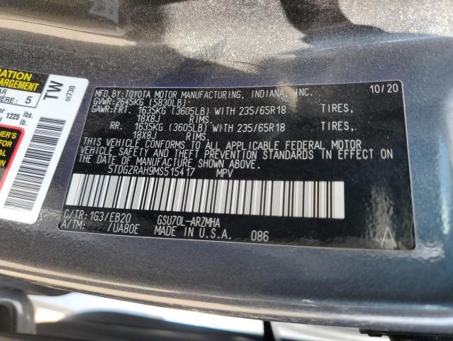 5TDGZRAH9MS515417 - 2021 TOYOTA HIGHLANDER XLE CHARCOAL photo 14
