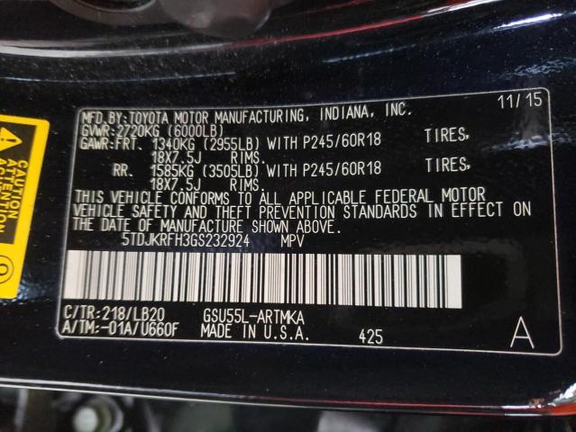 5TDJKRFH3GS232924 - 2016 TOYOTA HIGHLANDER XLE Սև լուսանկար 13