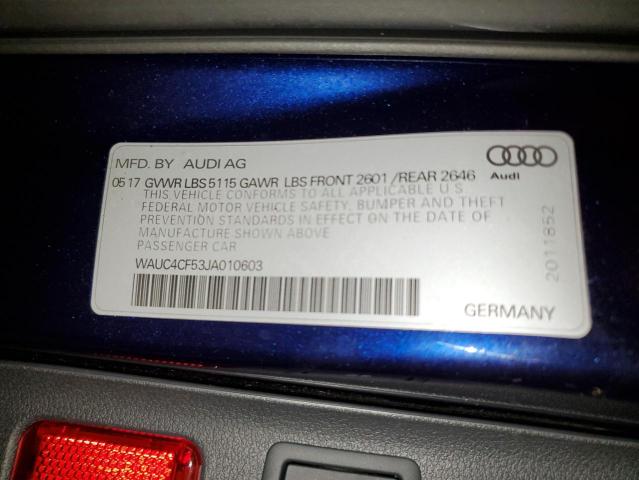 WAUC4CF53JA010603 - 2018 AUDI S5 PRESTIGE BLUE photo 10