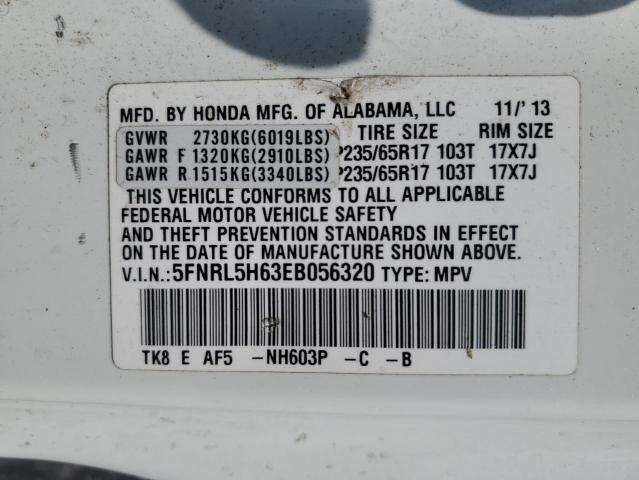 5FNRL5H63EB056320 - 2014 HONDA ODYSSEY EXL WHITE photo 13