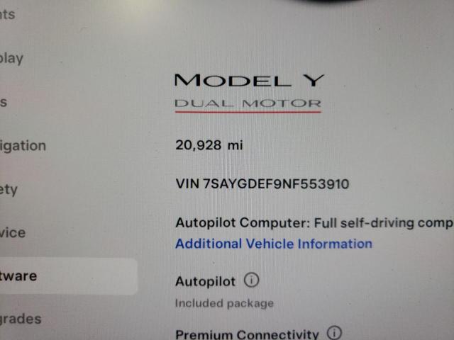 7SAYGDEF9NF553910 - 2022 TESLA MODEL Y GRAY photo 9