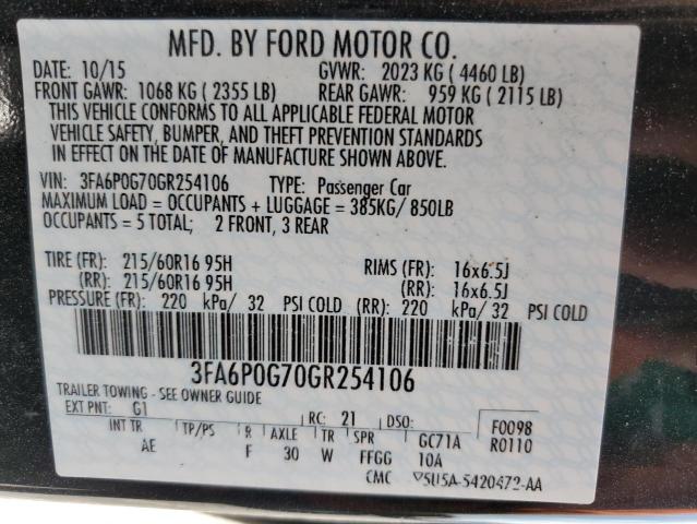 3FA6P0G70GR254106 - 2016 FORD FUSION S BLACK photo 12