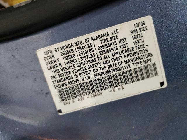 5FNRL38679B021113 - 2009 HONDA ODYSSEY EXL BLUE photo 12