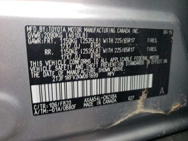 2T3F1RFV2KW061699 - 2019 TOYOTA RAV4 LE ვერცხლისფერი ფოტო 13