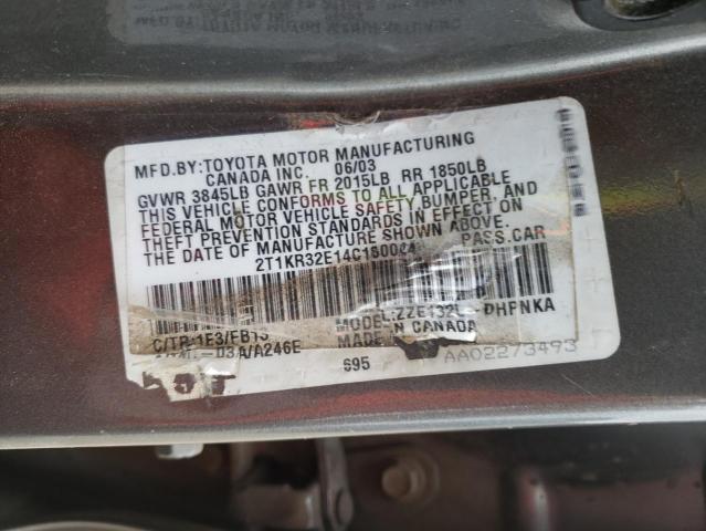 2T1KR32E14C180044 - 2004 TOYOTA COROLLA MA XR CHARCOAL photo 12