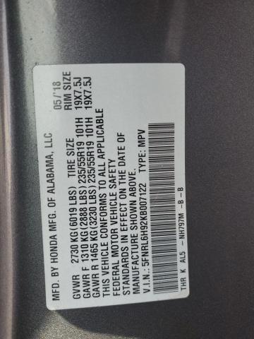 5FNRL6H92KB007122 - 2019 HONDA ODYSSEY ELITE Gris photo 13