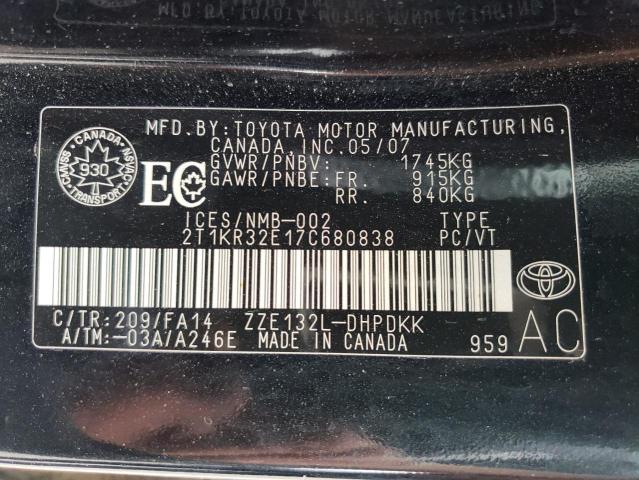 2T1KR32E17C680838 - 2007 TOYOTA COROLLA MA XR BLACK photo 12