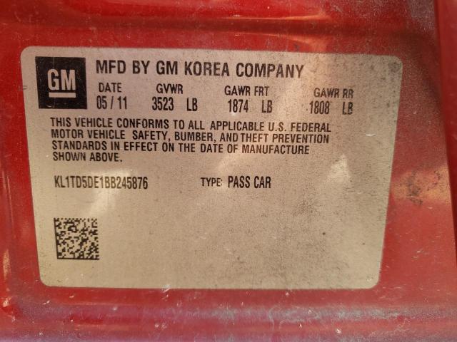 KL1TD5DE1BB245876 - 2011 CHEVROLET AVEO LS 红色 照片 12
