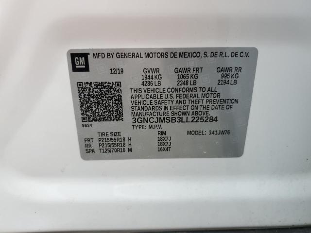 3GNCJMSB3LL225284 - 2020 CHEVROLET TRAX PREMIER WHITE photo 12