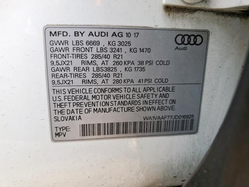 WA1VAAF77JD016925 - 2018 AUDI Q7 PRESTIGE WHITE photo 13
