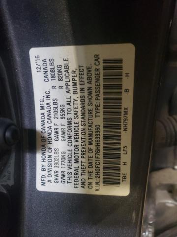 2HGFC1F76HH639360 - 2017 HONDA CIVIC EXL GRAY photo 10