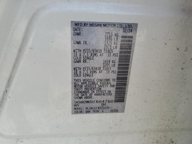 5N1AR2MN3EC664760 - 2014 NISSAN PATHFINDER S WHITE photo 13
